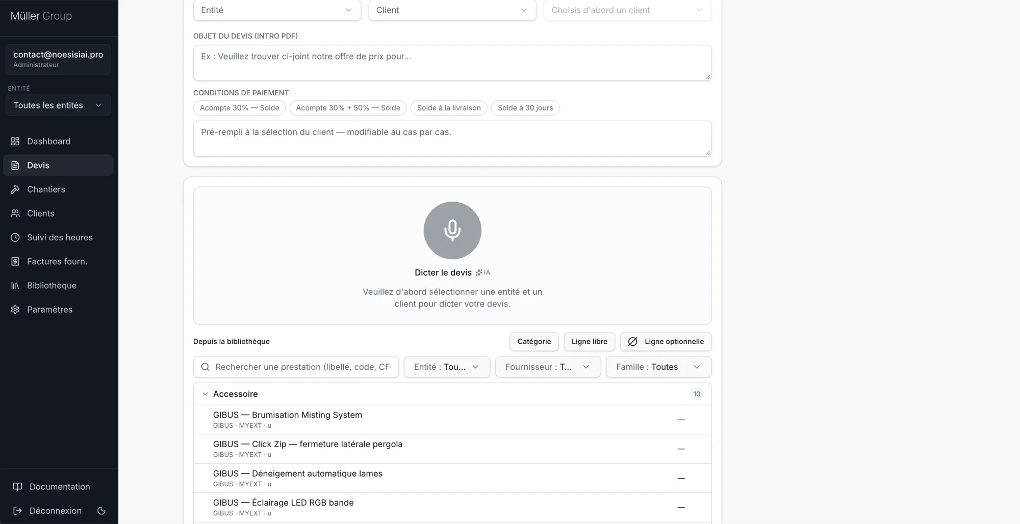 Création d'un devis dicté à la voix dans Müller Hub